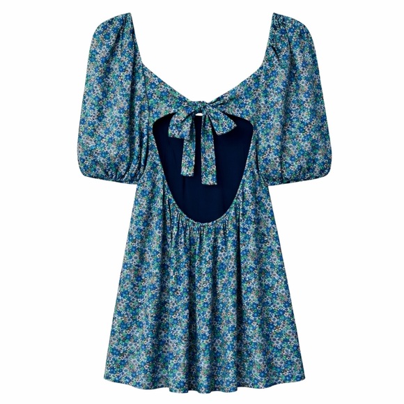 For Love & Lemons Alisa Mini Dress Puff Sleeve Sweetheart Blue Green Size Small - Picture 4 of 9